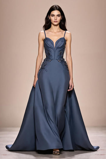 Robe de soirée longue à bretelles spaghetti en satin trapèze gris bleu avec appliques